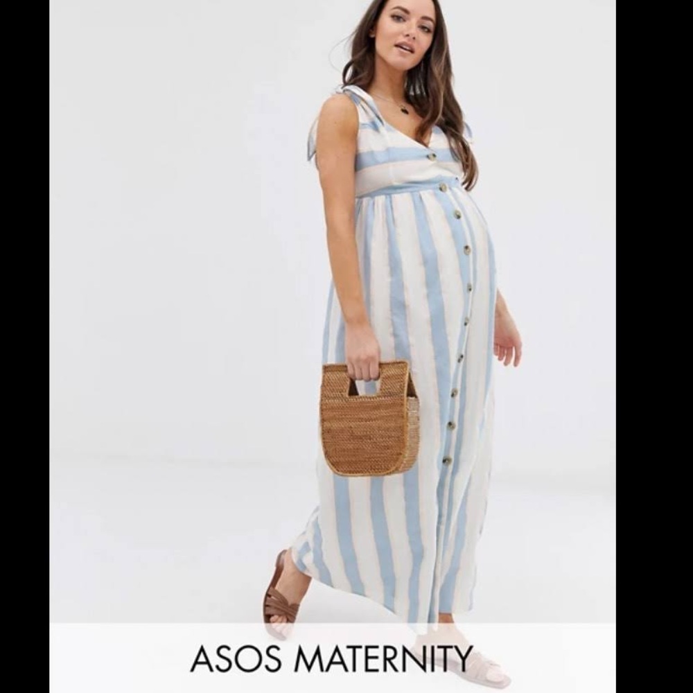 NWT ASOS Maternity Maxi Dress Blue and White Striped Button Down Front Size 10